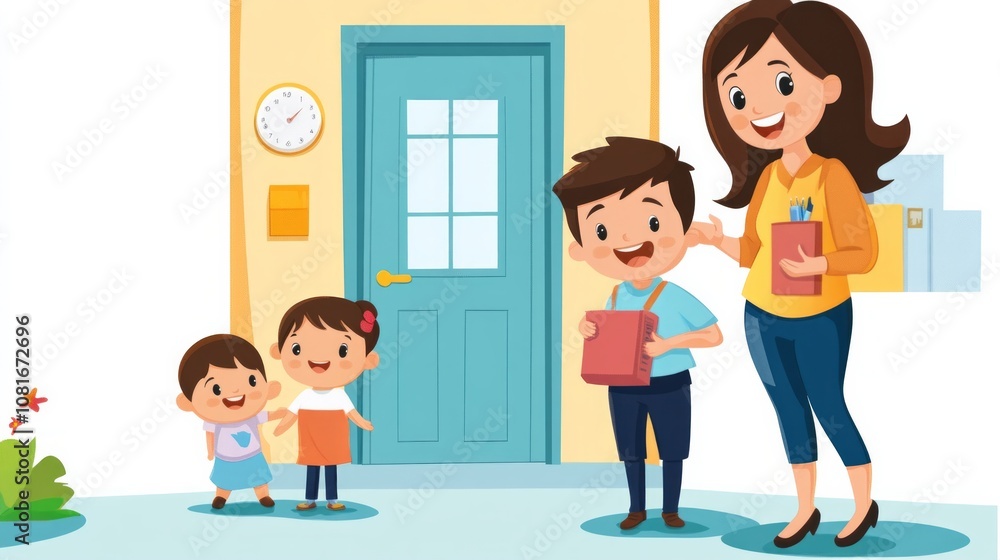 A woman is standing in front of a door with a child A woman is standing in front of a door with a child