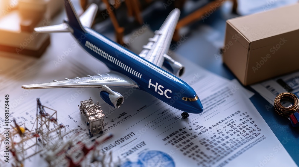 Airplane model on customs paperwork with tariff codes business environment detailed perspective import regulations Airplane model on customs paperwork with tariff codes business environment detailed perspective import regulations