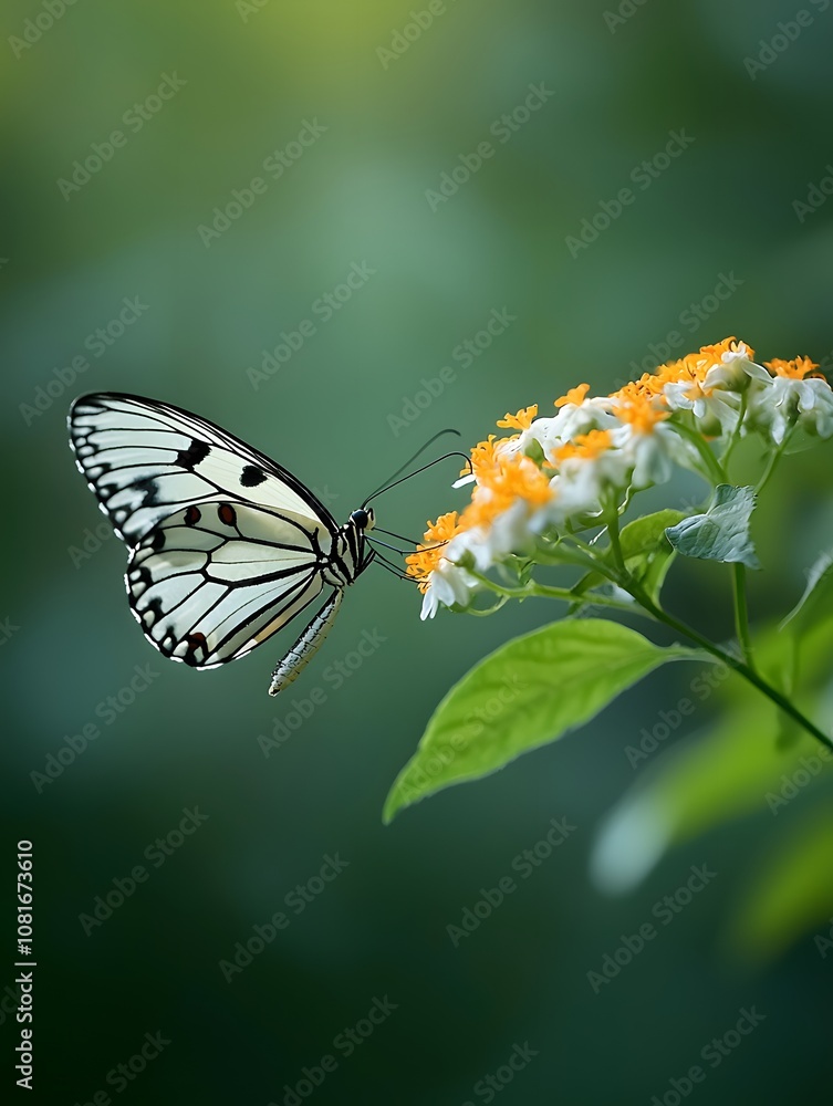 Macro shot of a black and white butterfly feeding on vibrant orange and white flowers with blurred green background in a tranquil garden setting. Macro shot of a black and white butterfly feeding on vibrant orange and white flowers with blurred green background in a tranquil garden setting.