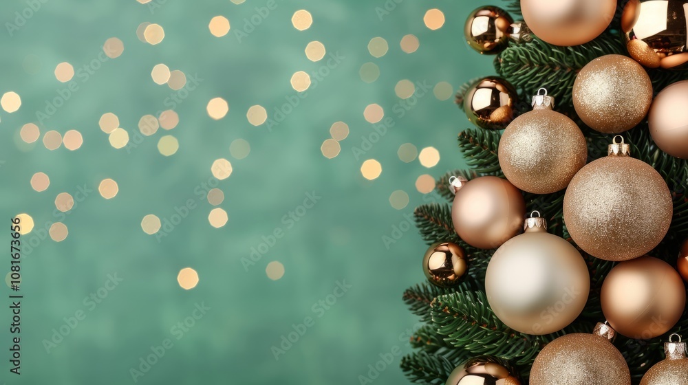 Close up of a decorated Christmas tree with gold ornaments against a green background with bokeh lights. Close up of a decorated Christmas tree with gold ornaments against a green background with bokeh lights.