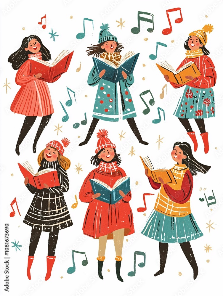 Naklejka premium Winter-themed illustration of joyful carolers in warm clothing, holding songbooks and surrounded by musical notes.