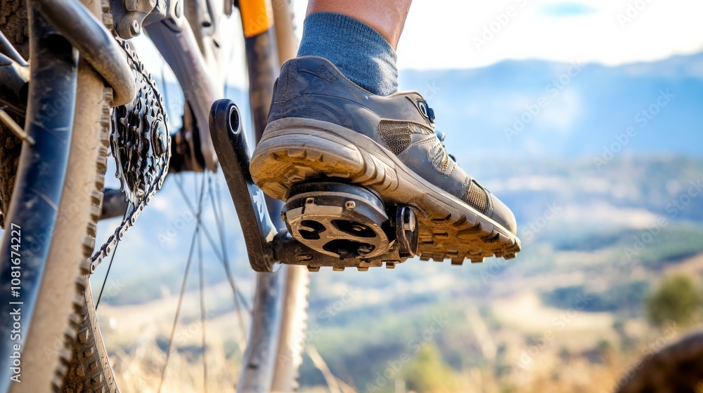 Naklejka premium A cyclist's shoes clipped into pedals, outdoor setting with mountain backdrop, Adventurous style