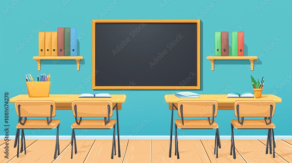 illustration of a classroom featuring desks, chairs, and a chalkboard, perfect for educational content and school graphics. illustration of a classroom featuring desks, chairs, and a chalkboard, perfect for educational content and school graphics.