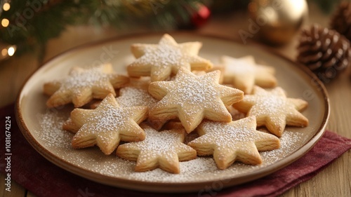 A beautifully plate of holiday cookies shaped like stars and trees, dusted with powdered sugar, festive napkin underneath