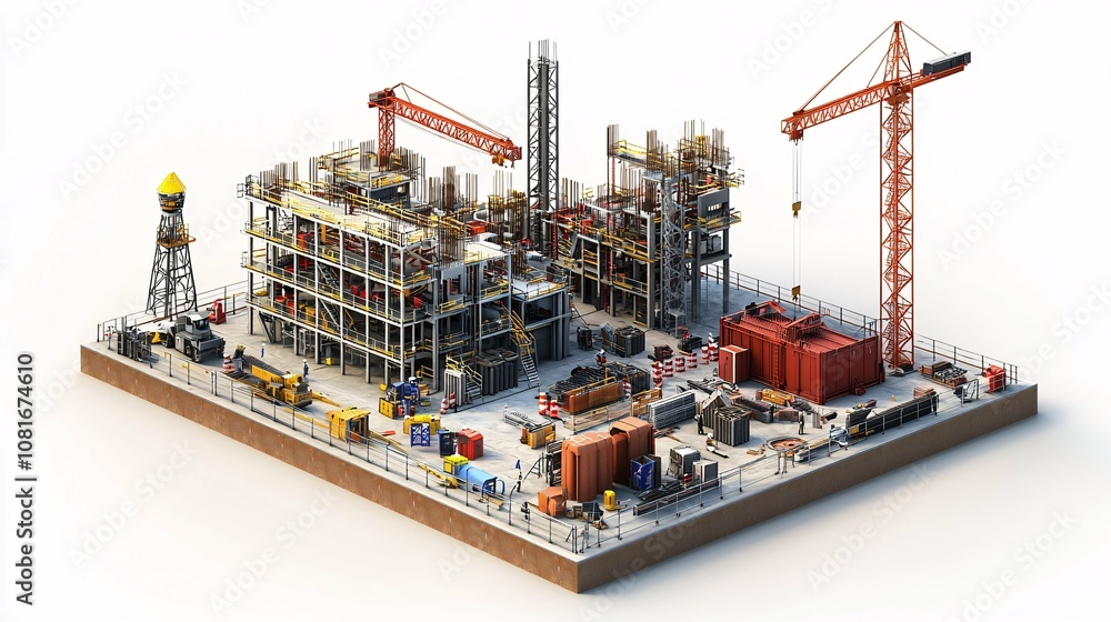 A 3D model of a contemporary construction site, complete with cranes, scaffolding, and tools, set against a white background. A 3D model of a contemporary construction site, complete with cranes, scaffolding, and tools, set against a white background.