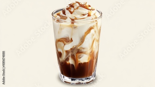 Iced coffee with caramel and whipped cream.