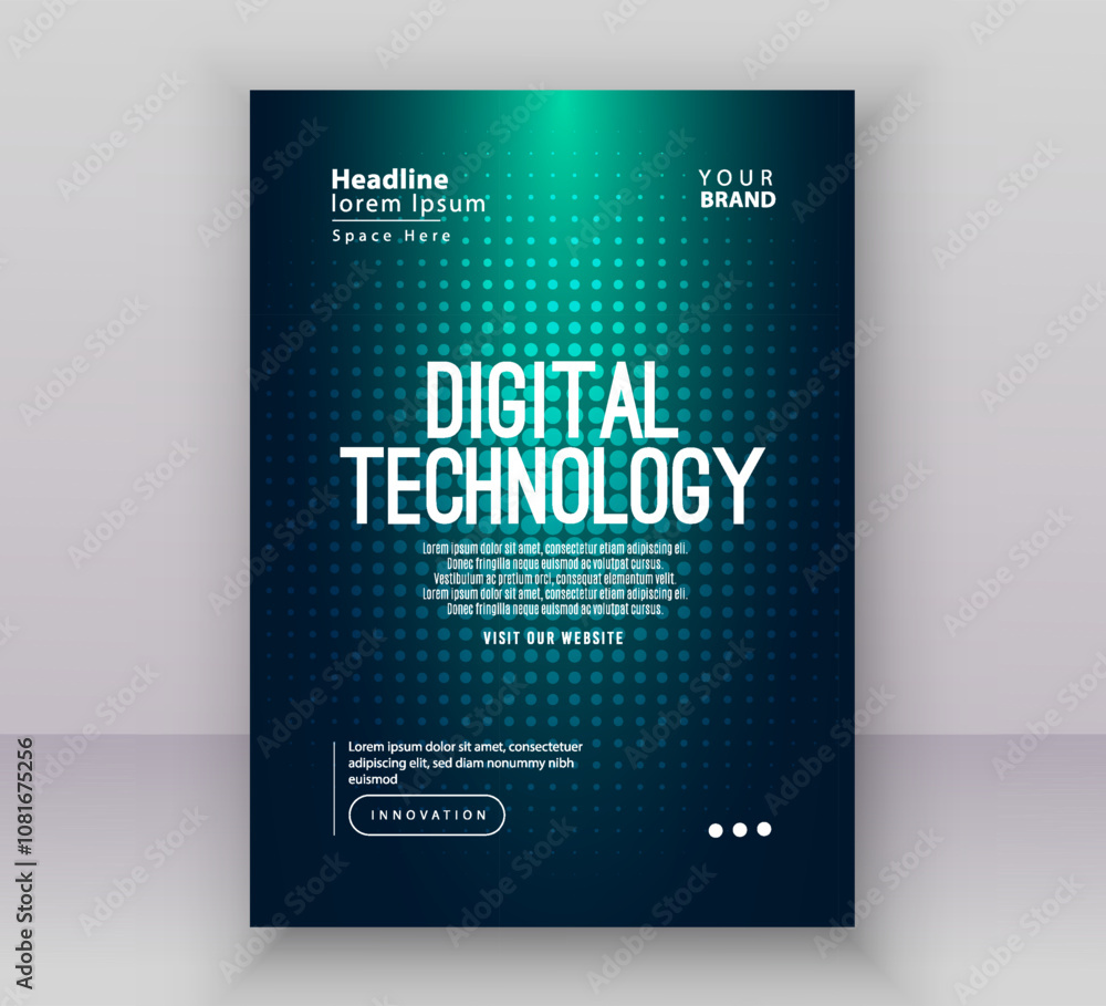 Obraz premium Poster brochure cover banner presentation layout template, Technology digital futuristic internet network green blue gradient background, Abstract cyber future tech, Ai big data business flyer vector