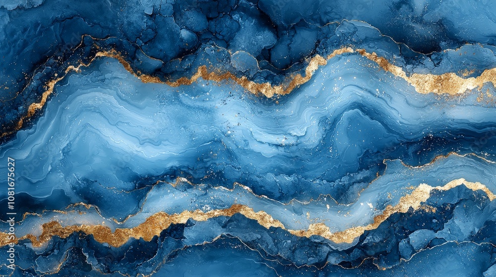 Abstract blue and gold waves creating a fluid, artistic background. Abstract blue and gold waves creating a fluid, artistic background.