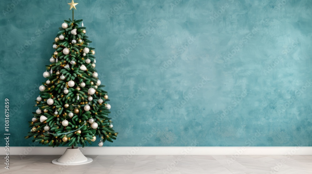 Decorated Christmas tree against a teal wall with copy space. Decorated Christmas tree against a teal wall with copy space.