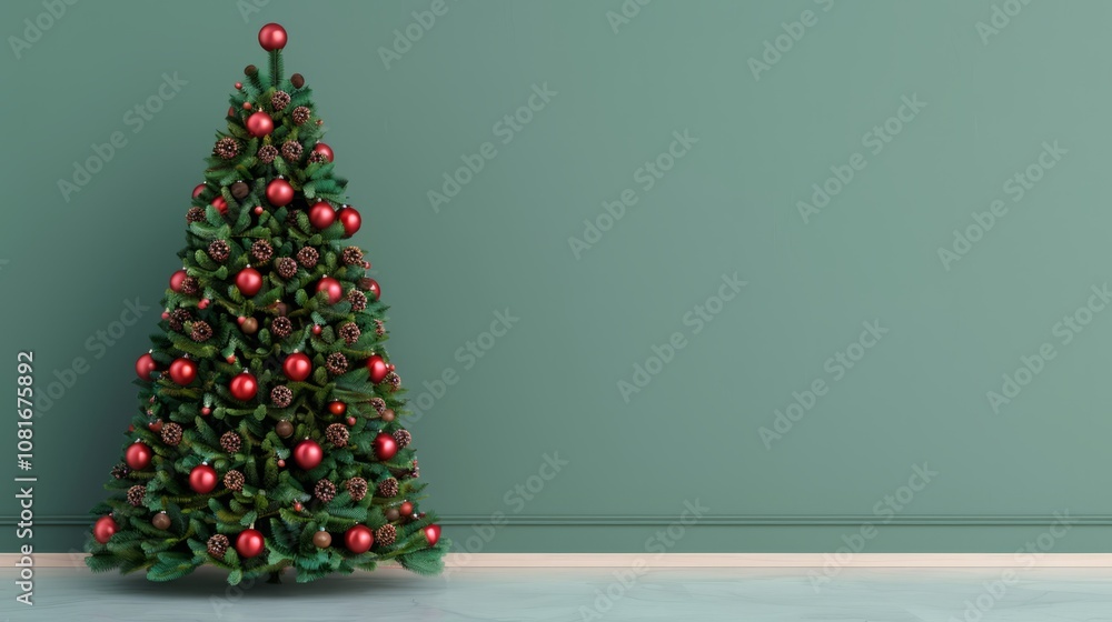 Decorated Christmas tree against a teal wall. Decorated Christmas tree against a teal wall.
