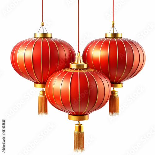 Three Traditional Chinese Lanterns Hanging Against White Background