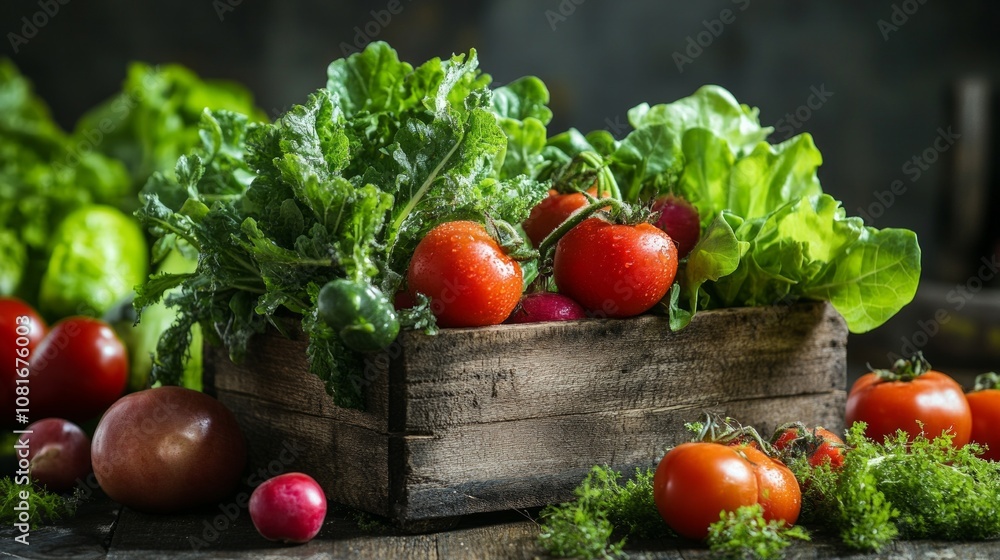 A wooden box with a variety of vegetables including tomatoes, lettuce A wooden box with a variety of vegetables including tomatoes, lettuce