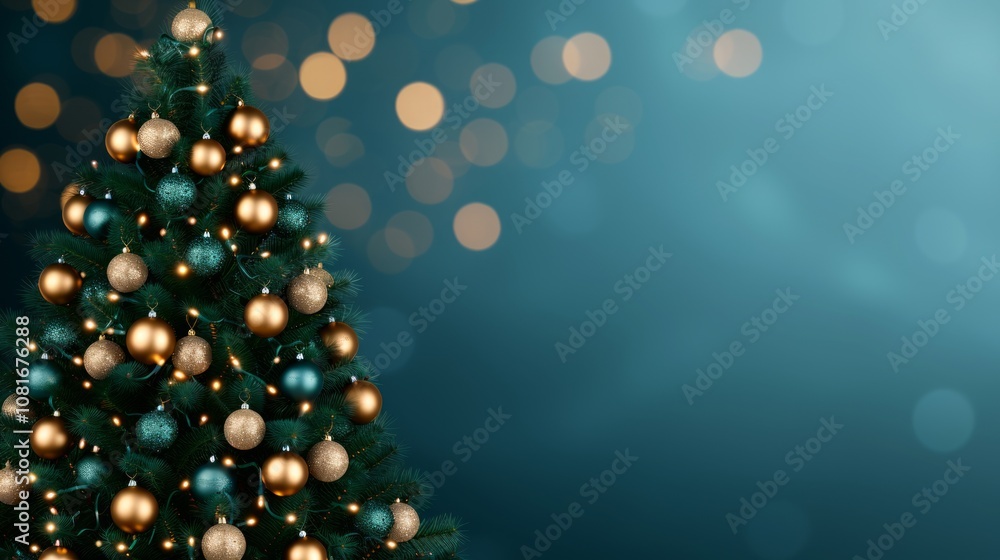 Decorated Christmas tree with gold and green ornaments on a teal blue background with bokeh lights. Decorated Christmas tree with gold and green ornaments on a teal blue background with bokeh lights.