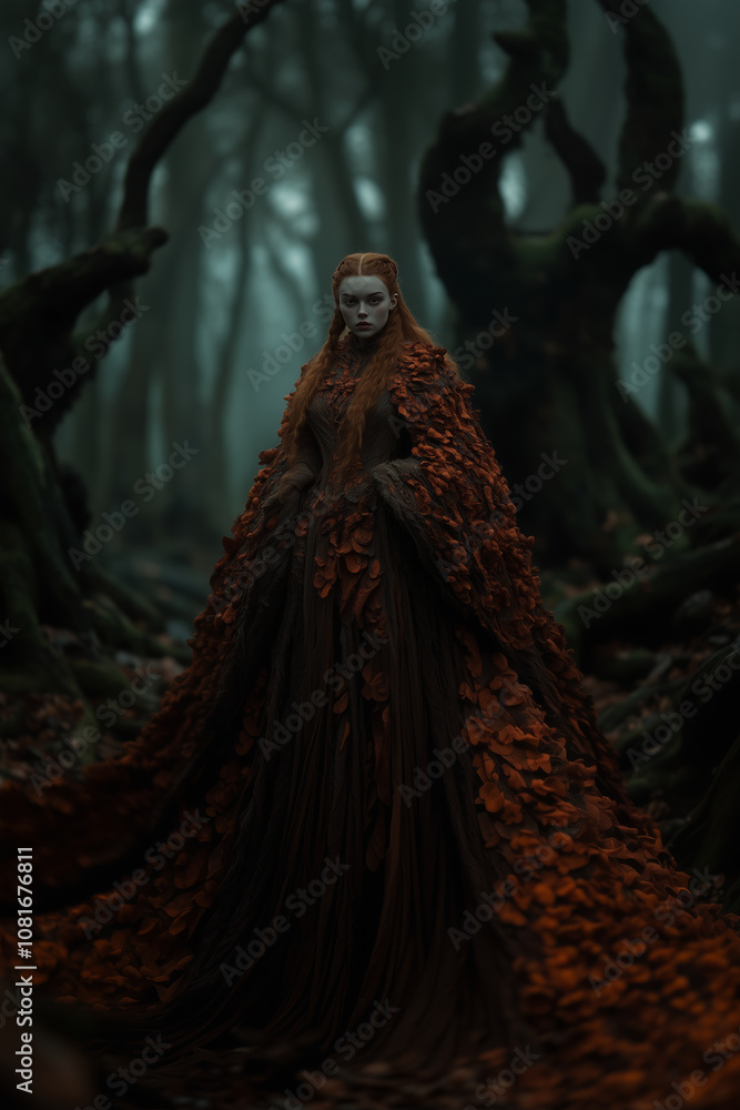 Enchanting forest dweller draped in autumn leaves amidst twisted trees at dusk Enchanting forest dweller draped in autumn leaves amidst twisted trees at dusk