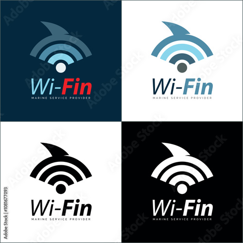wifi fin shark marine connection logo set template design