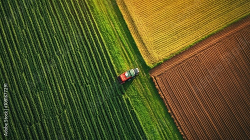A red tractor is driving through a field of green grass
