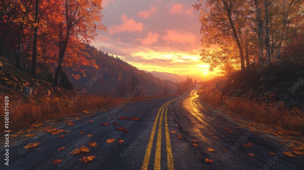 Naklejka premium A road with a yellow line and leaves on the ground