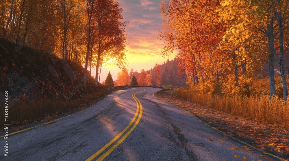 Fototapeta premium A road with yellow lines and a sunset in the background