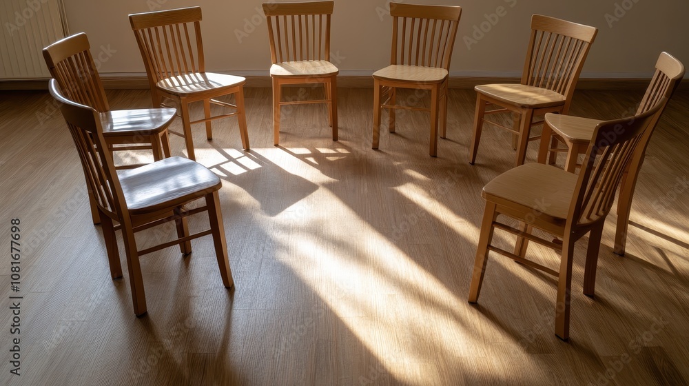 Circular arrangement of wooden chairs in a sunlit room interior design minimalistic style serene atmosphere top-down view conceptual reflection Circular arrangement of wooden chairs in a sunlit room interior design minimalistic style serene atmosphere top-down view conceptual reflection