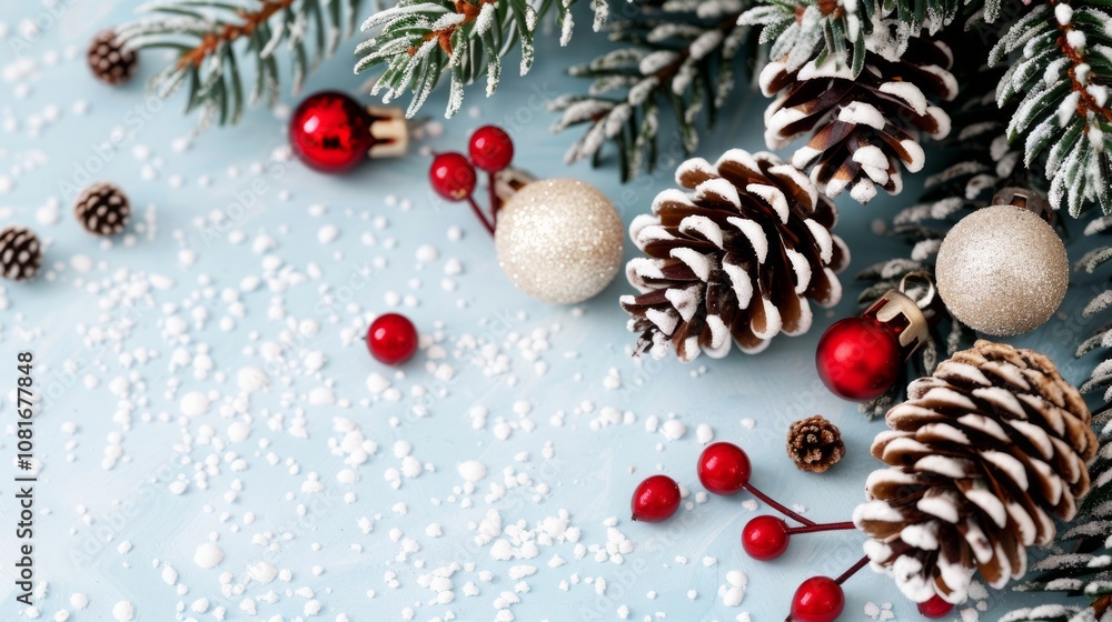 Festive Christmas pine branch with pine cones, red berries, and ornaments on a blue background with fake snow. Festive Christmas pine branch with pine cones, red berries, and ornaments on a blue background with fake snow.