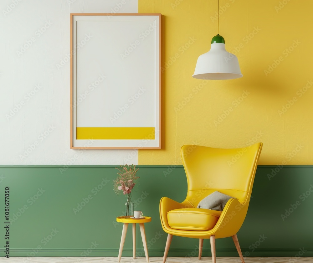 A minimalist living room with a yellow wall. a green wall. a comfy armchair. a potted plant. and a blank framed canvas