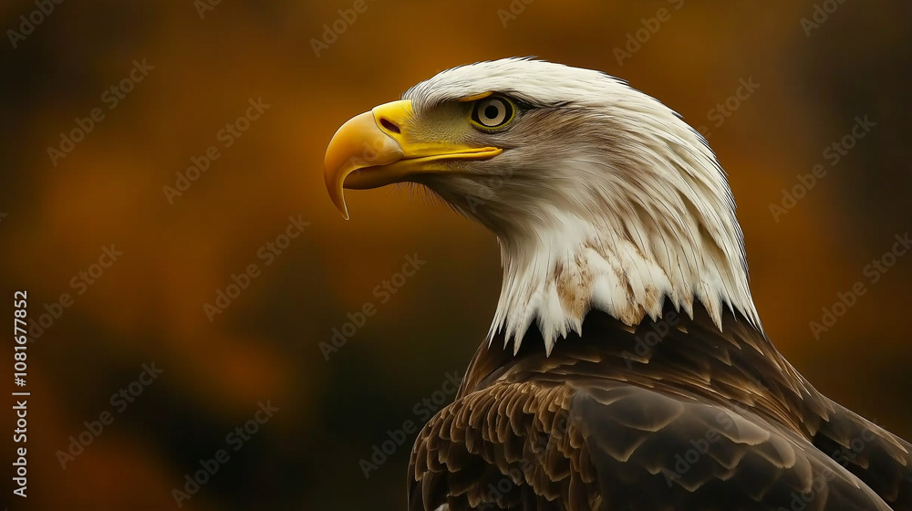 Obraz premium Close-up eagle side profile, striking feather textures, deep contrast lighting, blurred backdrop