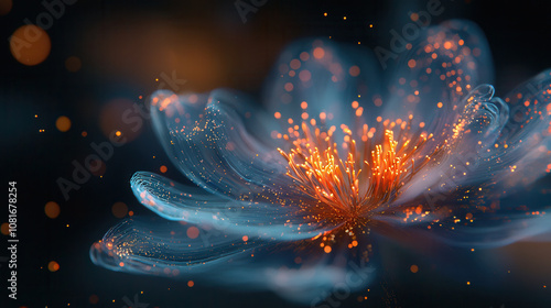 close up of flower with iridescent petals, glowing softly with vibrant orange and blue hues, creating magical and enchanting atmosphere