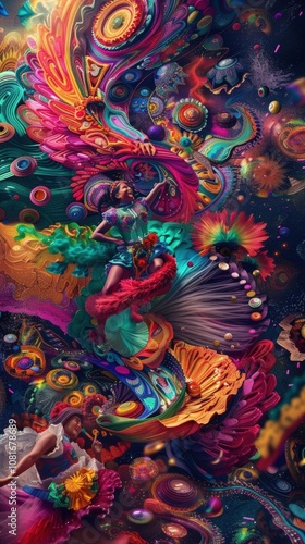 Capture a surrealistic scene at a cultural festival, featuring vibrant dancers in intricate costumes, viewed from a birds eye angle, with swirling colors and dreamlike distortions