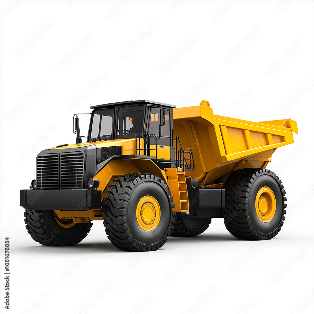 A yellow construction vehicle with a black cab isolated on white background A yellow construction vehicle with a black cab isolated on white background