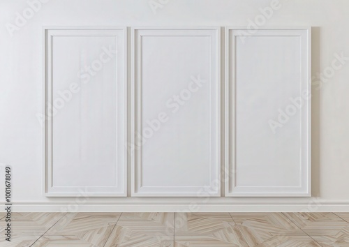 Three blank white frames on a white wall with a wooden floor