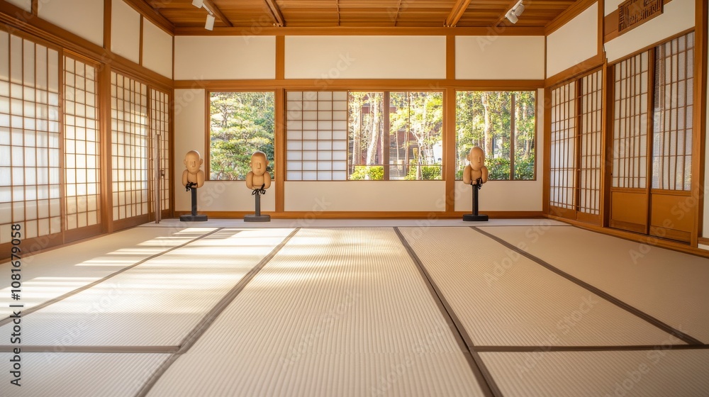 A dynamic indoor martial arts dojo with tatami mats, training dummies, and traditional Japanese decor A dynamic indoor martial arts dojo with tatami mats, training dummies, and traditional Japanese decor