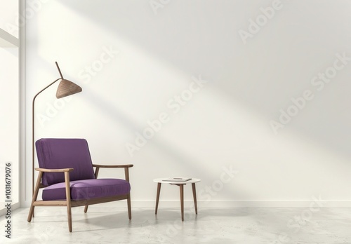 A purple armchair with a wooden side table and a floor lamp in a minimalistic white room