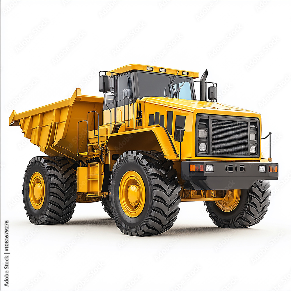 A yellow construction vehicle with a black cab isolated on white background A yellow construction vehicle with a black cab isolated on white background