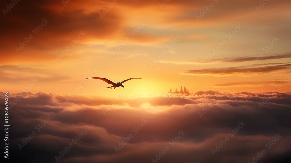 Naklejka premium majestic dragon soars over castle at sunset, surrounded by clouds. vibrant colors of sky create magical atmosphere, evoking sense of wonder and adventure