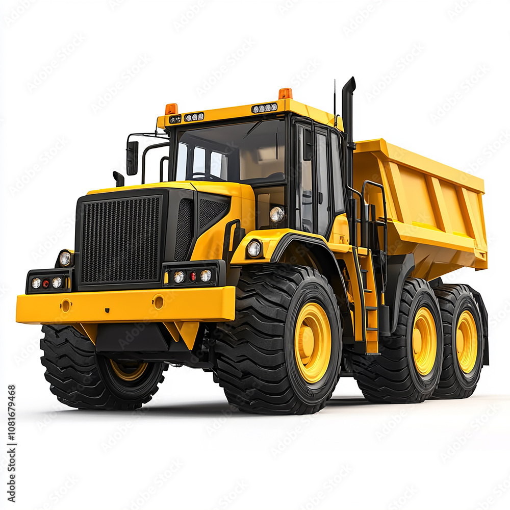 A yellow construction vehicle with a black cab isolated on white background A yellow construction vehicle with a black cab isolated on white background