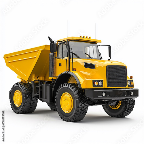 A yellow construction vehicle with a black cab isolated on white background