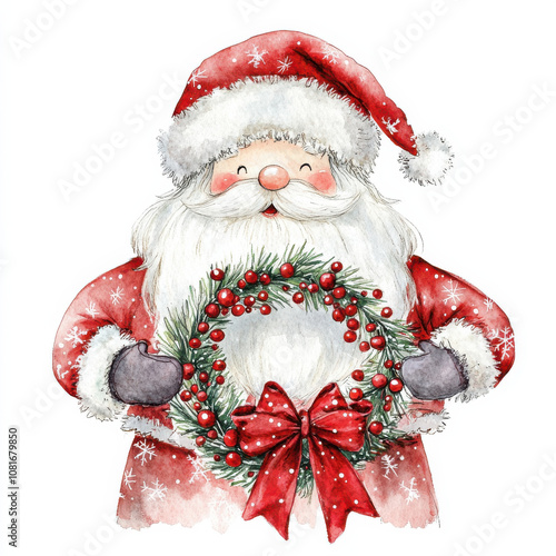 Cute Santa Claus holding festive wreath adorned with red berries and bow, wearing red coat with white snowflakes. Perfect for holiday decorations and cards