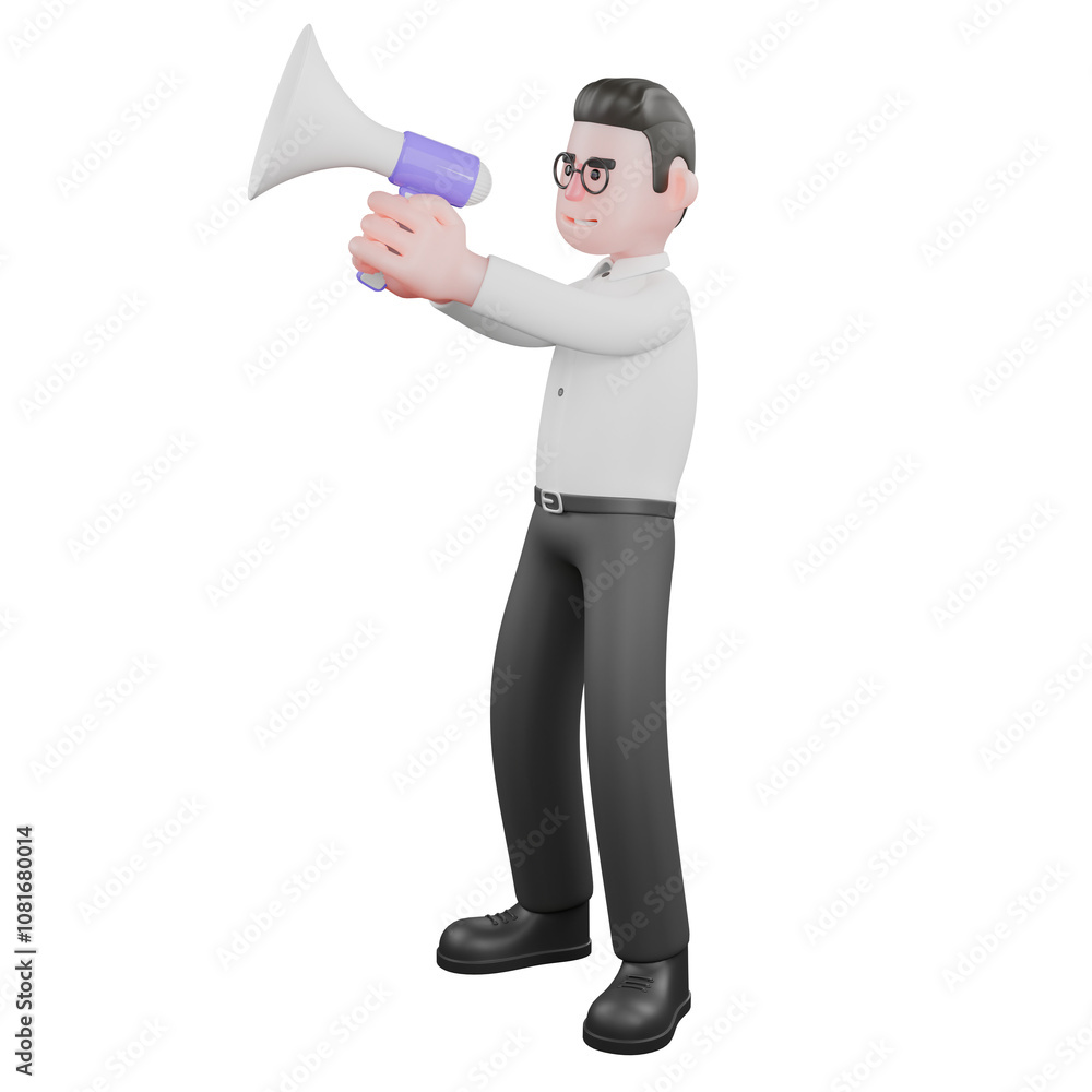 Creative Filmmaker Cartoon. A male producer is standing facing left while both hands are carrying a loudspeaker. 3D Model Creative Filmmaker Cartoon. A male producer is standing facing left while both hands are carrying a loudspeaker. 3D Model