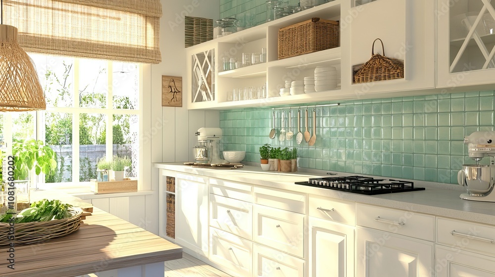 Luxury kitchen in a beach house style, white cabinets, open shelving, sea-green tiles, lots of sunlight Luxury kitchen in a beach house style, white cabinets, open shelving, sea-green tiles, lots of sunlight