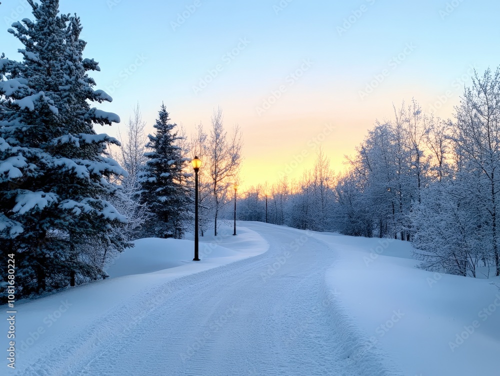 A serene winter landscape at dawn with snow-covered trees and a winding path. A serene winter landscape at dawn with snow-covered trees and a winding path.