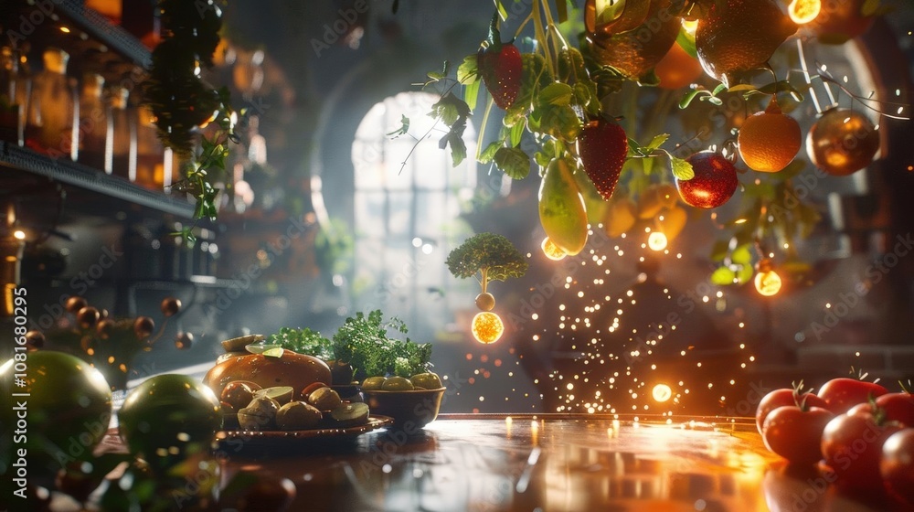 Capture the essence of gastronomic enlightenment in a utopian realm with a worms-eye perspective, revealing floating, glowing ingredients, casting magical, culinary shadows Capture the essence of gastronomic enlightenment in a utopian realm with a worms-eye perspective, revealing floating, glowing ingredients, casting magical, culinary shadows