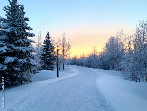 A serene winter landscape at dawn with snow-covered trees and a winding path.