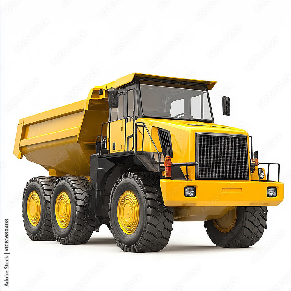 A yellow construction vehicle with a black cab isolated on white background A yellow construction vehicle with a black cab isolated on white background