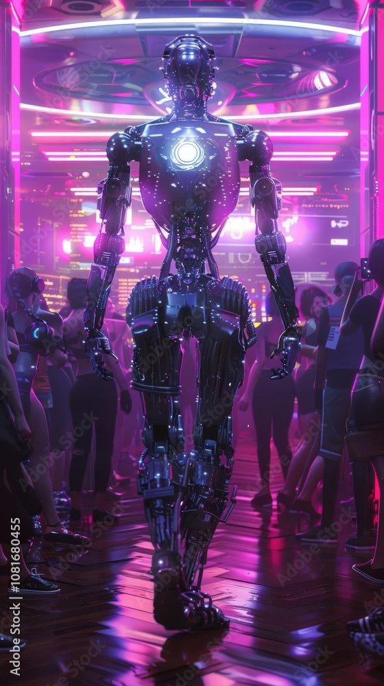 Capture the essence of a Cyberpunk Dance Club with edgy Robotic DJs seen from a rear perspective Emphasize sleek Capture the essence of a Cyberpunk Dance Club with edgy Robotic DJs seen from a rear perspective Emphasize sleek