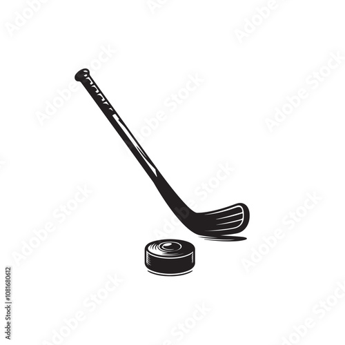 Hockey stick and puck silhouette. Ice hockey stick and puck vector design black and white.