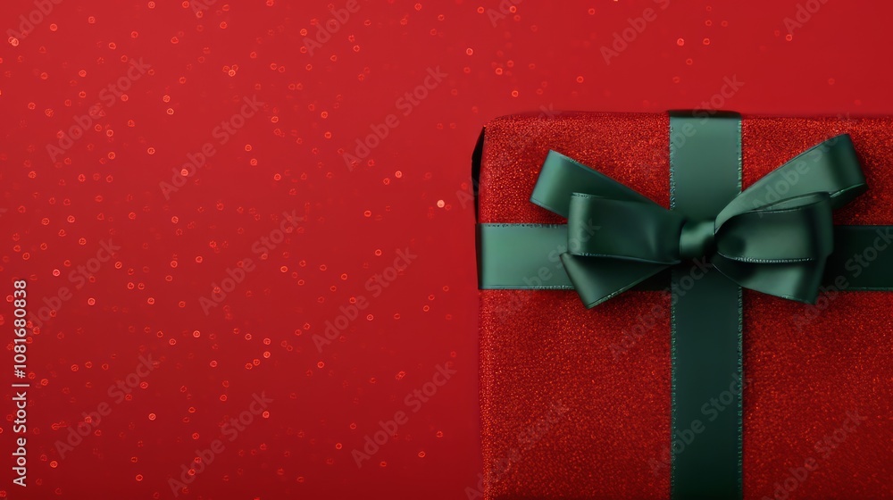 Red gift box with green ribbon on a red glitter background. Red gift box with green ribbon on a red glitter background.