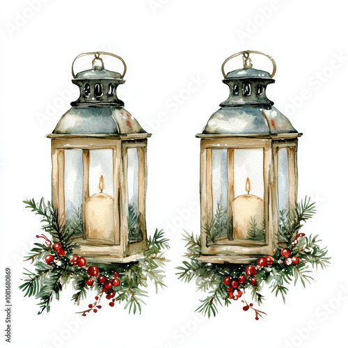 Two decorative lanterns with candles surrounded by greenery and berries, perfect for cozy holiday atmosphere