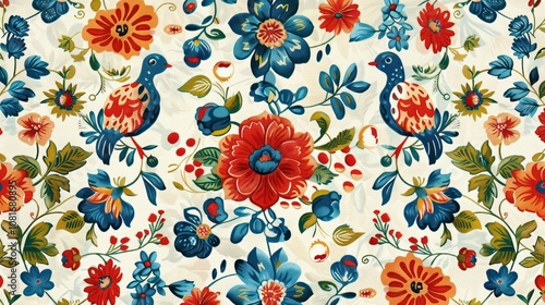 A colorful pattern influenced by Mexican folk art, with stylized flowers, birds, and symmetrical motifs in bright hues of red, blue, and green, creating a lively and festive feel.