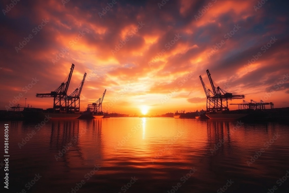 A stunning sunset over a busy port, with cranes silhouetted against the vibrant sky. A stunning sunset over a busy port, with cranes silhouetted against the vibrant sky.