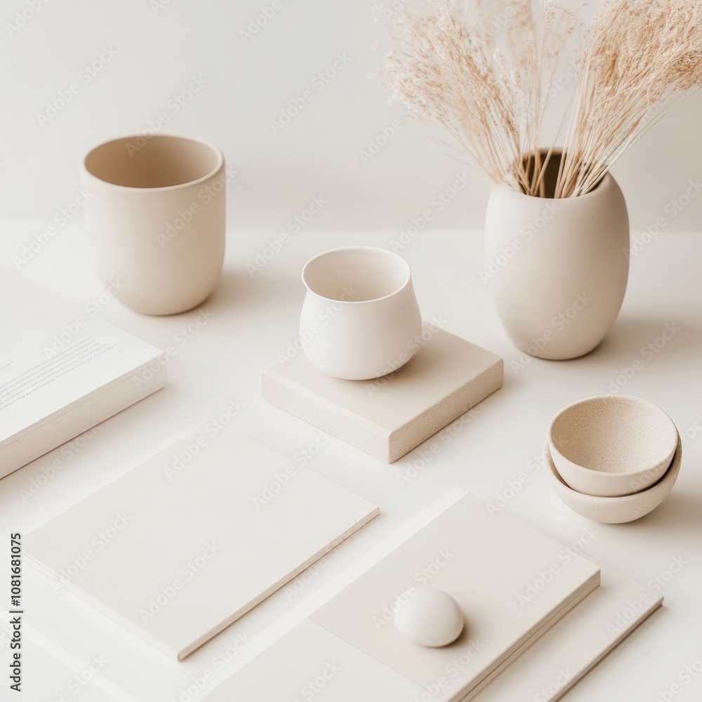 A serene arrangement of minimalist home decor featuring neutral tones and simple shapes. A serene arrangement of minimalist home decor featuring neutral tones and simple shapes.